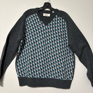 Original Penguin Charcoal Turquoise V Neck Lambswool Sweater, Geometric, Office.